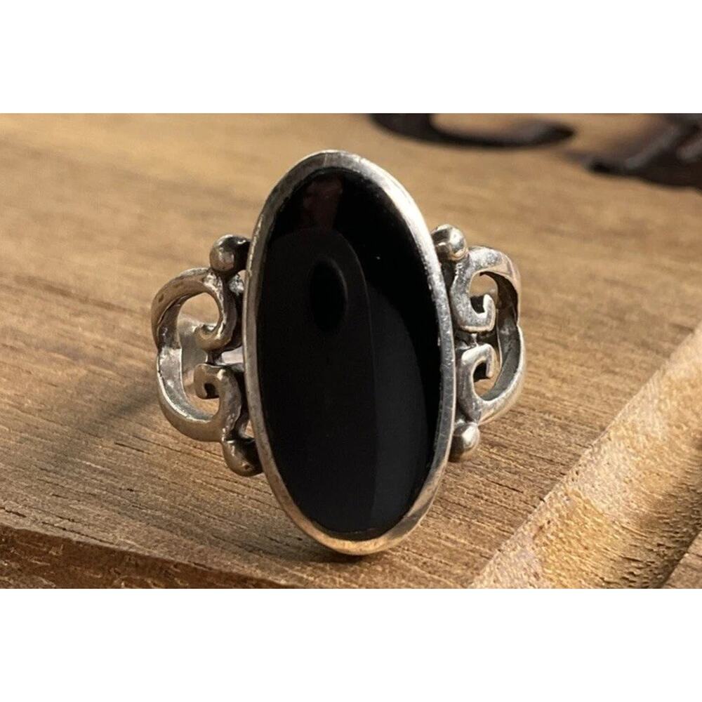 Sterling Silver Black Oval Onyx Cabochon Ring Filigree Statement Ring Size 6
